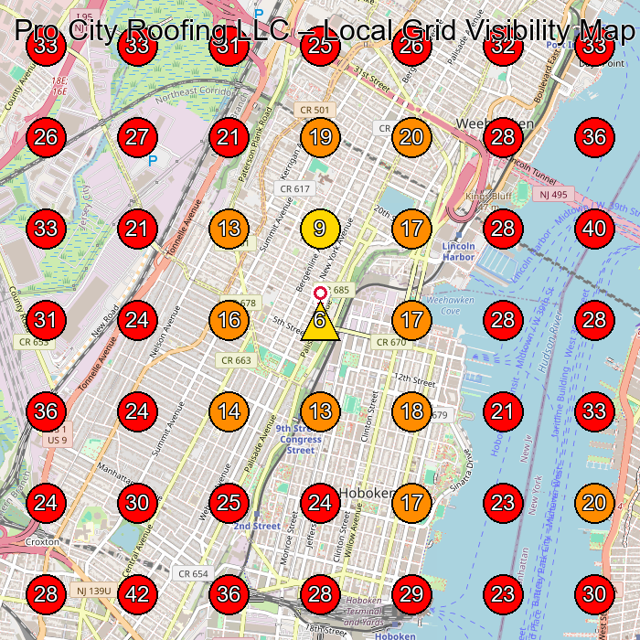 Pro City Roofing LLC GeoGrid visibility map for Roofing Contractor in Union City
